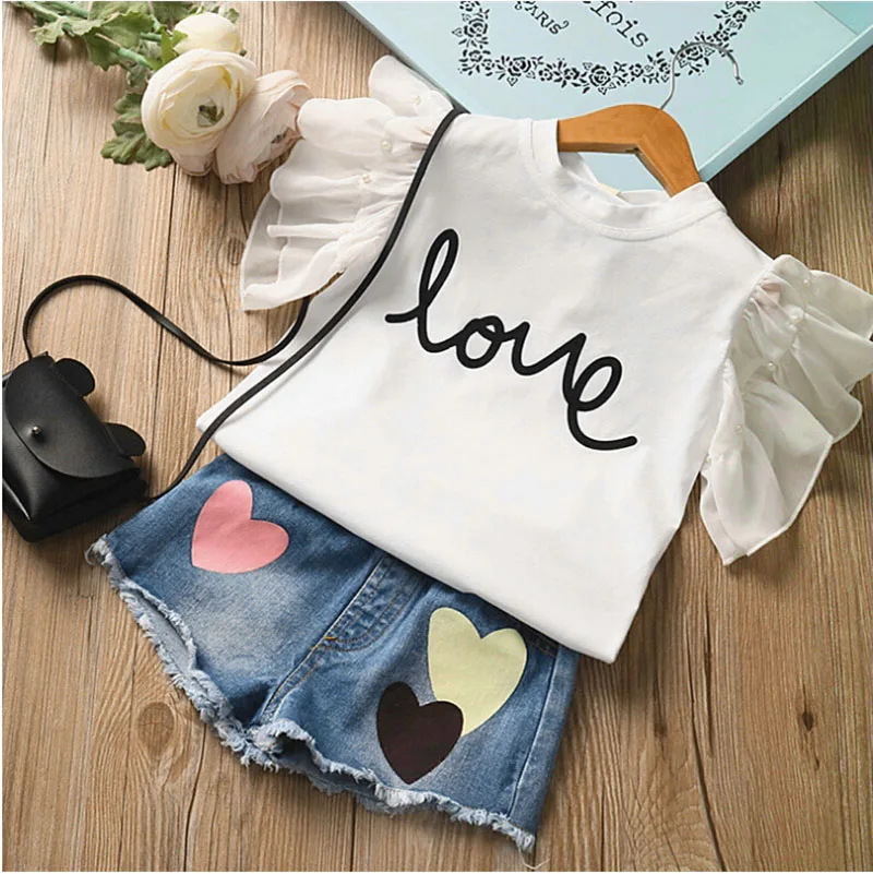 

Summer Girls Cloth Set Girls Clothes Lovely Shirt Purfle Sleeves With Denim Shorts Stylish Children Clothing Set For Baby Girls