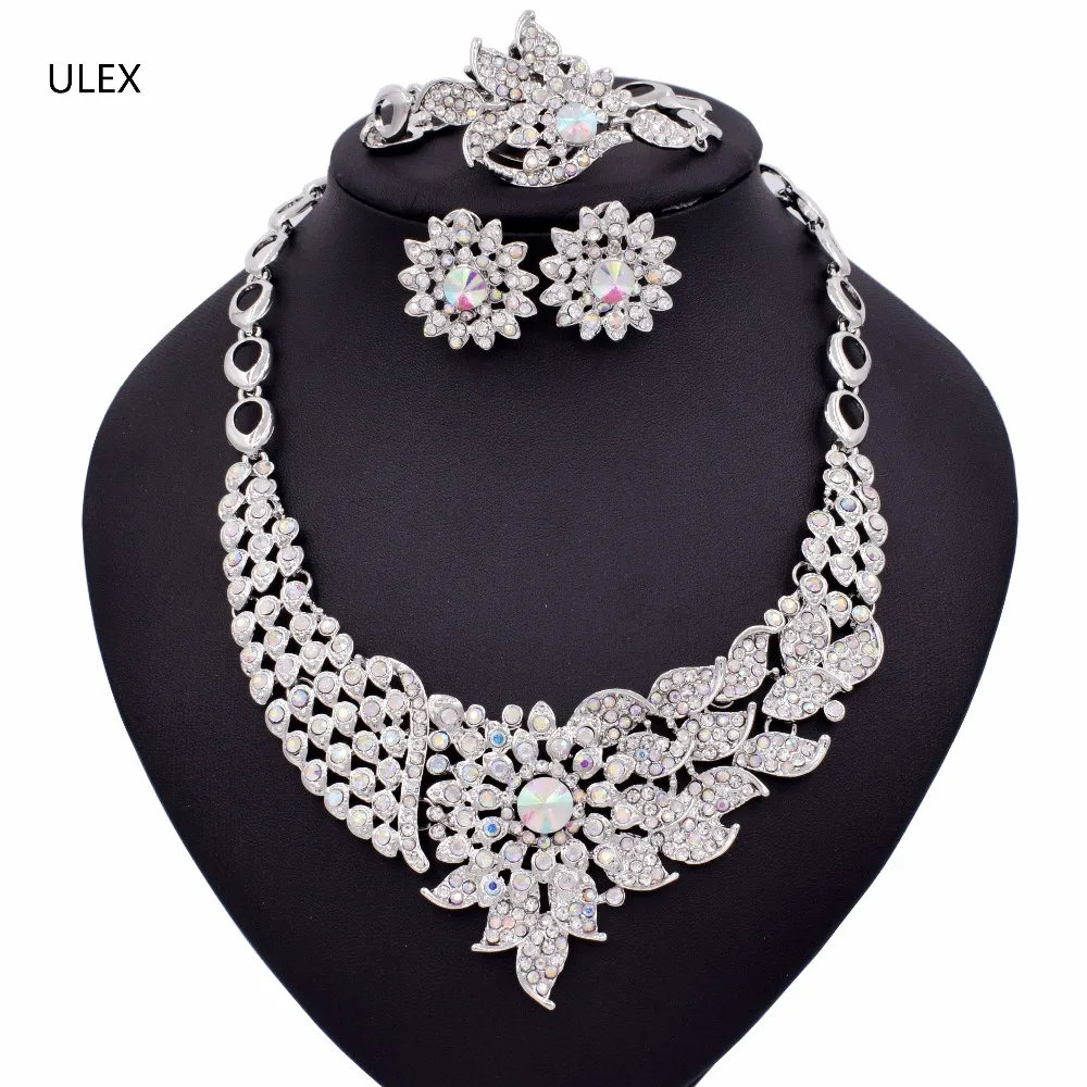 

ULEX Indian Crystal Bridal Jewelry Sets Statement Big Necklace Earrings Sets for Bride Wedding Party Dress Costume Accessory ZM1