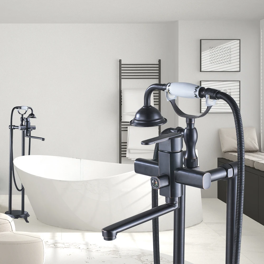 

Contemporary Blackened Bronze Tub Mixer Tap Bathroom Faucet Floor Mount Tub Filler Tap Dual Handle and Hole Creamic Handshower