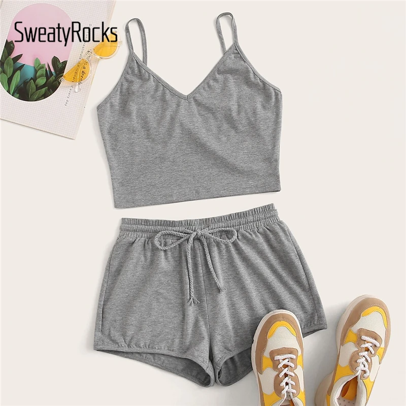 

SweatyRocks Solid Cami Top And Drawstring Waist Shorts Women 2019 Summer Track Shorts Basics Two Piece Set Streetwear Shorts Set