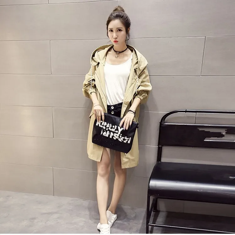 Autumn Women Pure Color Long Trench Coat Loose Hooded Windbreaker Adjustable Waist Female preppy Oversize Thin Overcoat Outwear