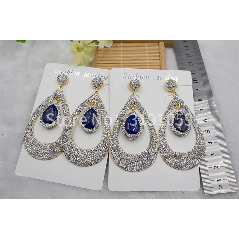 

Exaggerated simple and Natural Lapis stone earrings Pave Rhinestone drop shaped retro personality long eardrops