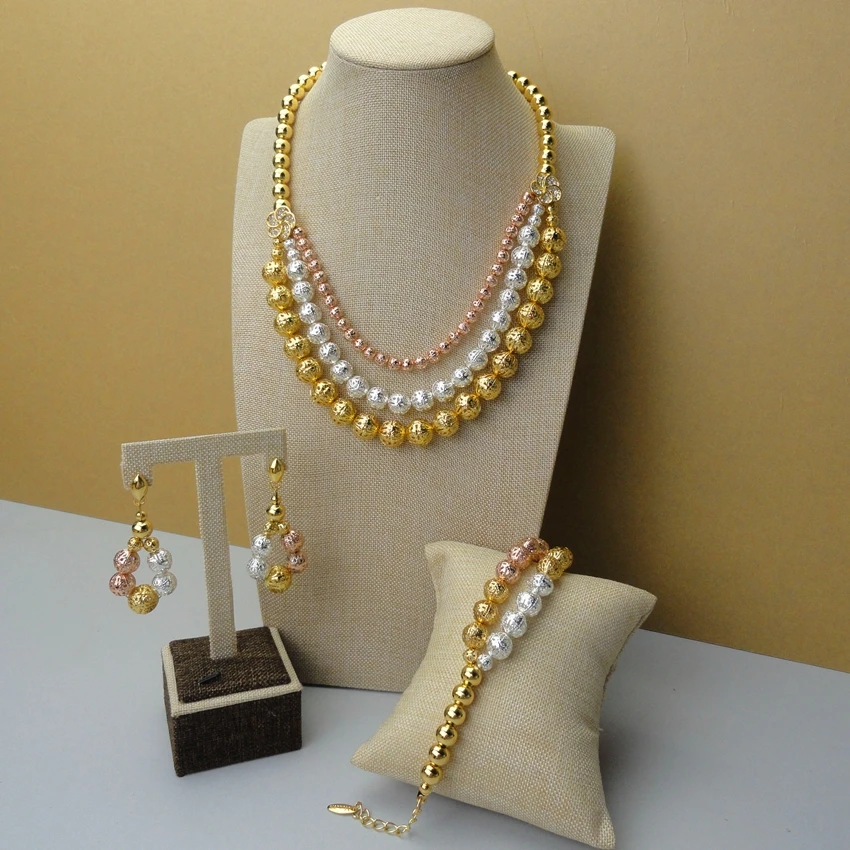 

2019 African High Quality Jewelry Three Tones Jewelry Sets Superior 24Karat Gold Color Plated FHK5078