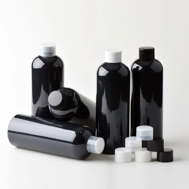 100 x 300ml Round Shoulder Black Plastic Bottle with Screw Lid PET Lotion Travel Refillable Jar