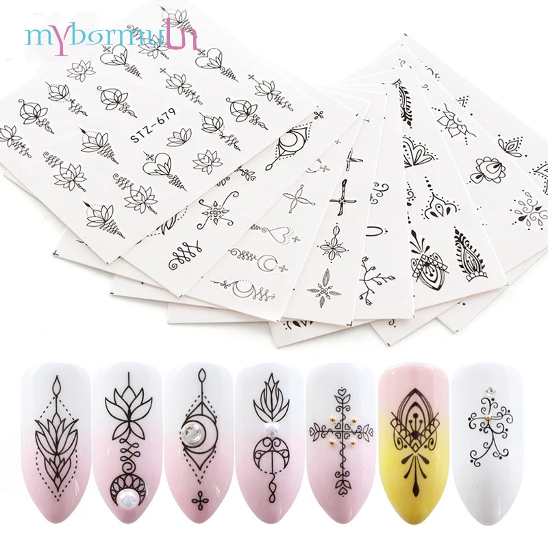 

MYBORMULA 8pcs/set lotus/sunflower/cross/sun/moon/flower vine nail art water transfer stickers For Nail Decorations Watermark