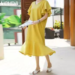 VONDA/женское платье до середины икры 2019, летнее, сексуальное, с рукавом-бабочкой, гофрированное, длинное платье, пляжные, повседневные