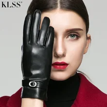 KLSS Brand Genuine Leather Women Gloves Winter Plus Velvet Fashion Elegant Rhinestones High Quality Goatskin Glove 272
