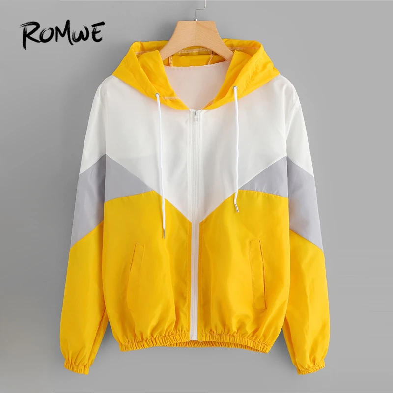 

ROMWE Cut And Sew Drawstring Hooded Jacket Women Zipper Jackets And Coats 2019 Spring Autumn Long Sleeve Female Outerwear