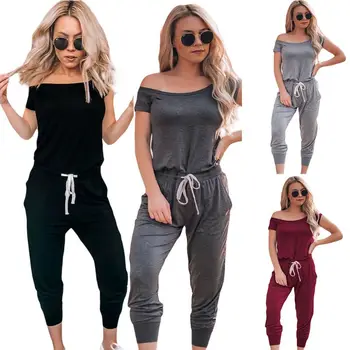 

2019 New Arrival Women Casual Sexy Off Shoulder Short Sleeve Jumpsuit Summer Slim Elegant Long Rompers