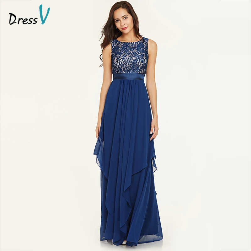 Dressv Blue Draped Long Evening Dress Sashes Ankle Length Sleeveless Scoop Neck Elegant Formal Party Women