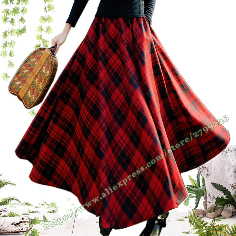 

2018 Winter Plus Size 5XL 6XL XXXXXL Retro Vintage Casual Red Lattice Grid Plaid Woolen Female Long Maxi Skirts for Womens