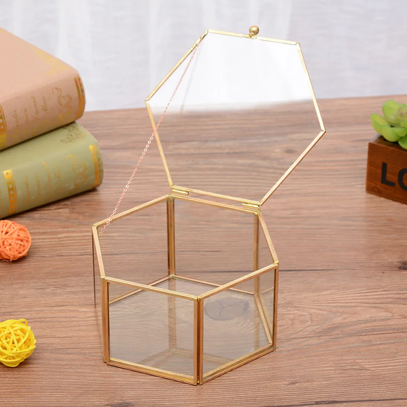 

nordic style hexagonal open glass geometric garden jewelry box mirror jewelry storage box eternal flower decoration box crafts