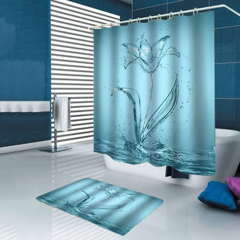 4pcs/set Girl Printing Waterproof Bathroom Polyester Shower Curtain Anti Slip Pedestal Rug Lid Toilet Cover Bath Mat Set