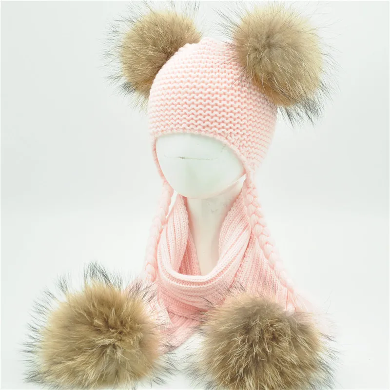 Детский зимний комплект из шапки и шарфа, детский роскошный большой меховой шарик, теплый вязаный набор шапочек-бини из натурального меха енота, шапка с помпоном и шарф