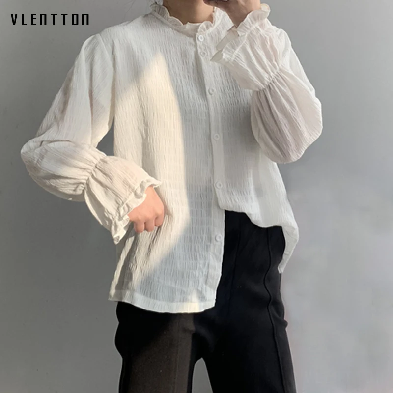 

2019 New Elegant Office White Blouse Women Single Breasted Long Sleeve Women Tops Shirt Spring autumn Casual Chiffon Blouse