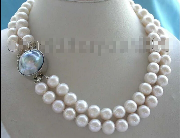 

17-18" Double Genuine Natural 12mm White Pearl Necklace Mabe Pearl Clasp (A0501)