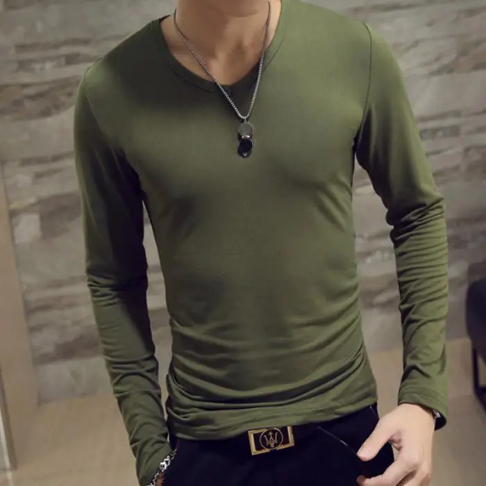 Мужские осенние футболки с длинными рукавами, пуловер с v-образным вырезом, приталенный Повседневный минималистичный Мужской Топ, NGD88