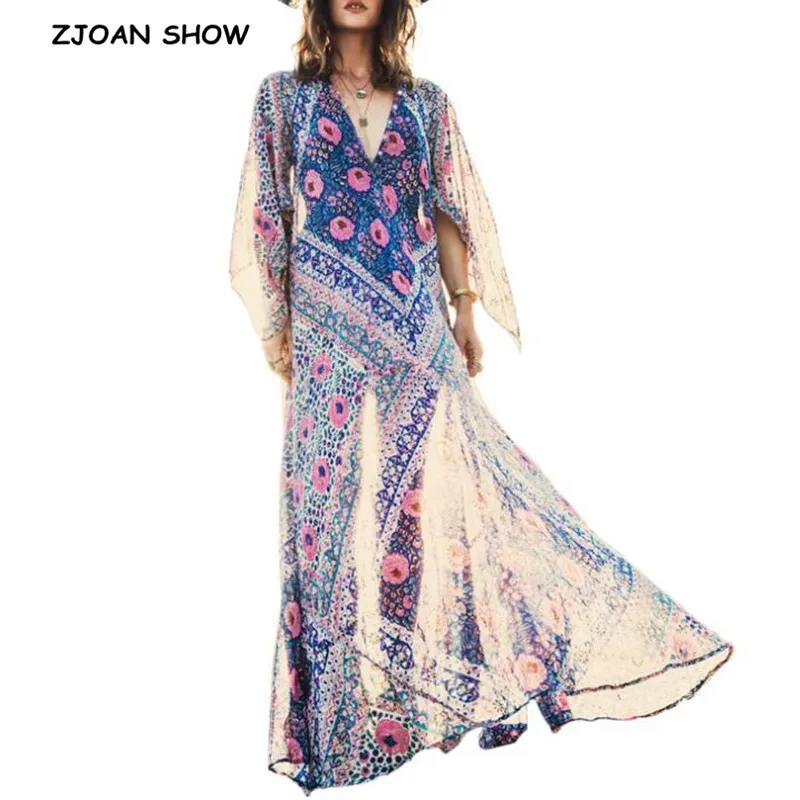

2019 New Bohemian Open Buttons V neck Blue Flower print Swing Dress Sexy Women Holiday Split Long sleeve BOHO dresses Vestidos
