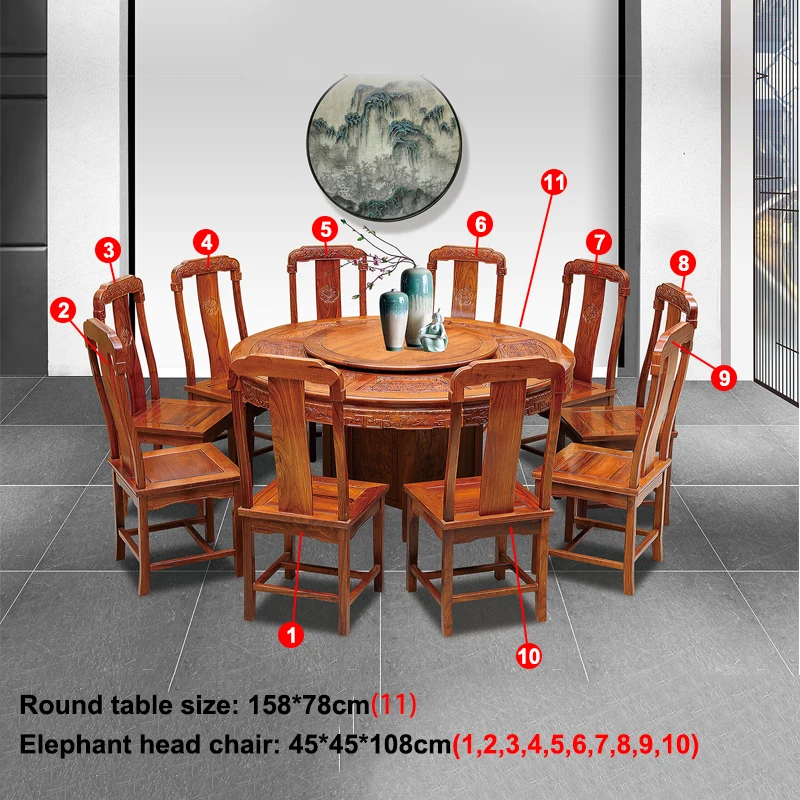 1.58M Hedgehog rosewood Round Table Set 10 Chair Solid Wood Armchair Desk Classic Red wooden Annatto Dining Room Furniture set