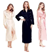 Women Autumn Long Robe Sexy Silk Satin Night Robe Lace Kimono Robe Solid Bathrobe Long Sleeve Bath Robe Fashion Dressing Gown lace cuff self tie satin robe