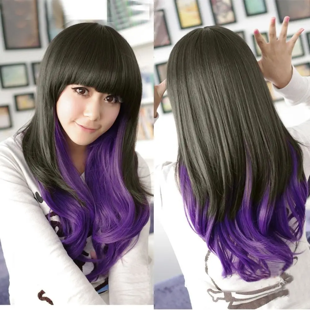 Purple Weave Curly Wave Hair Full Long Wigs No Lace Front Japanese