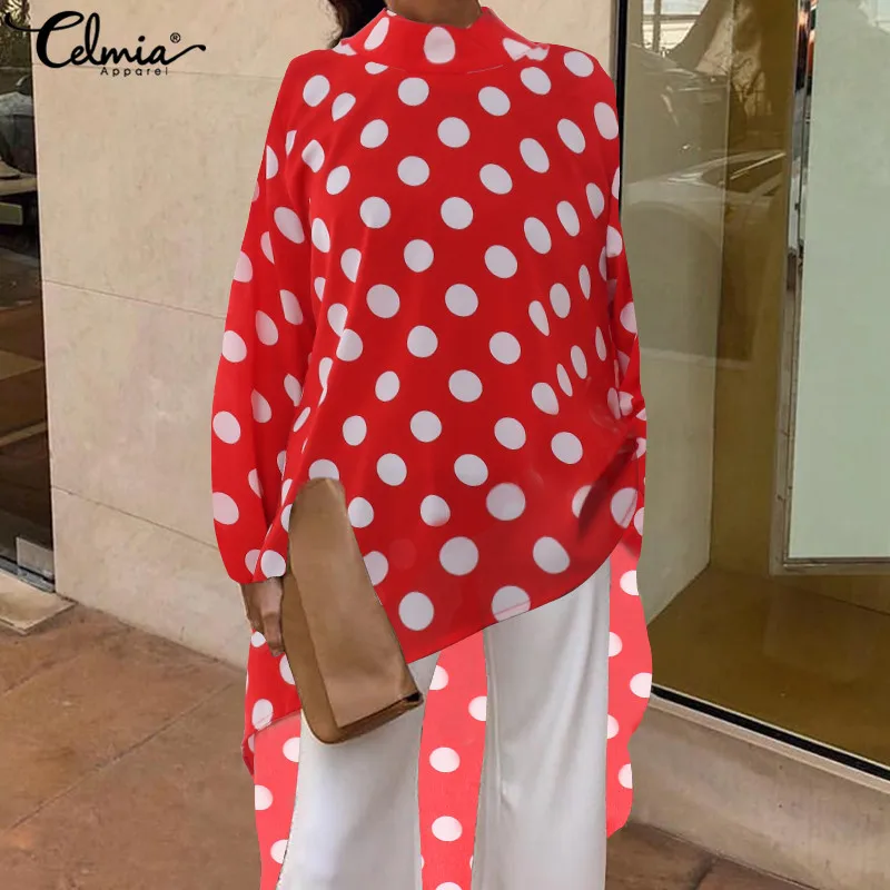 Celmia Asymmetrical Polka Dot Blouses Fashion Women Long Sleeve Shirts Plus Size Vintage Tops Casual Loose Office Blusas Mujer - 4.00011E+12