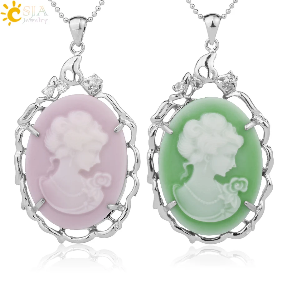 

CSJA Fashion Queen Cameo Lady Necklaces & Pendants for Women Girls Beauty Head Rhinestone Beads Vintage Boho Resin Jewelry F998