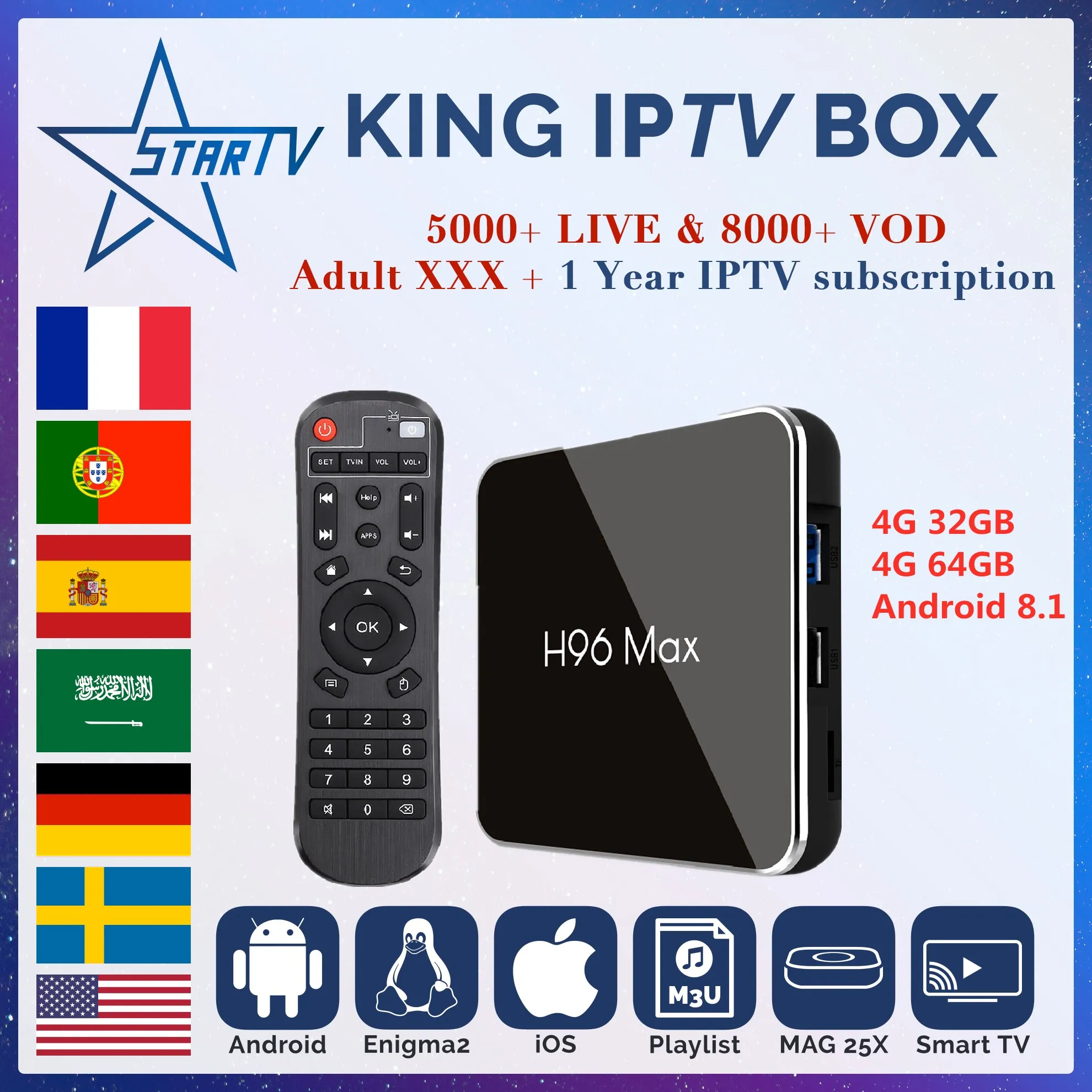 

H96 MAX X2 Android TV Box 8.1 4GB64GB+King iptv subscription 1 year IPTV Europe for France Arabic Spain IPTV Portugal M3U mag
