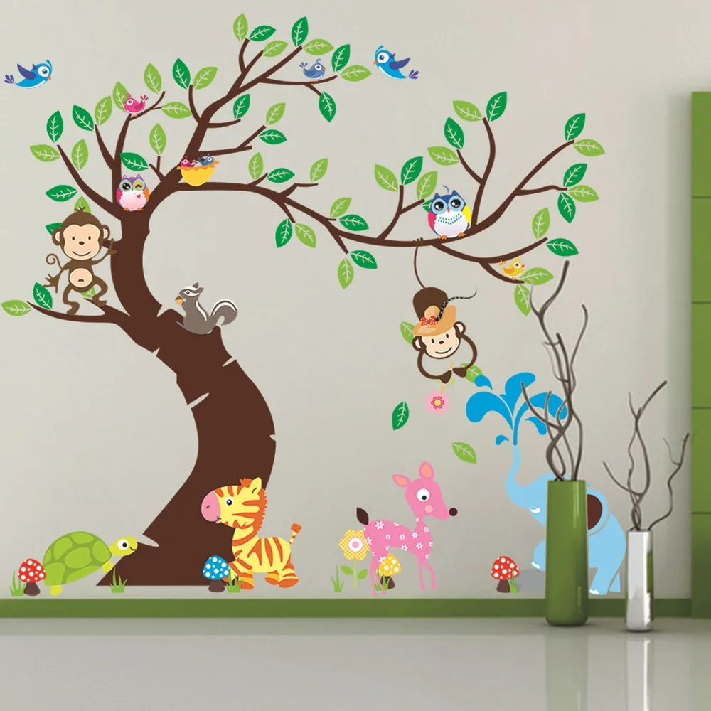 1214* настенная наклейка для детской комнаты с изображением дерева и обезьяны, фоновая настенная наклейка, сделай сам, украшение для детской комнаты, детский сад, декор для детской комнаты, ПВХ