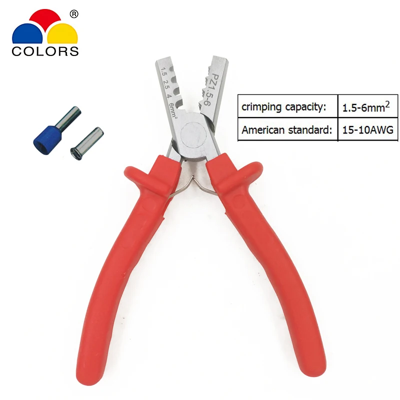 

COLORS PZ 1.5-6 wire crimping pliers for insulated and non-insulated ferrules terminal crimping capacity 1.5-6mm2 AWG 15-10 tool