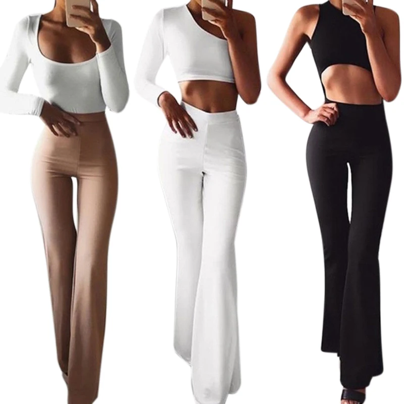 Women Flare Pant Solid Elasticity High Waist Pants Ladies OL Pants Elegant Cargo Wide Leg Bell Bottoms Soft Track Sweatpants
