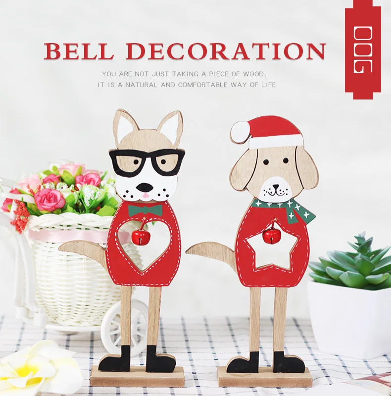 01 2019 Merry Christmas Wooden dog Ornaments Room Wall Hanging Accessories For Home Table Desktop Stand Decor Santa Bells Dog Gifts