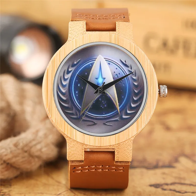 

Casual Wooden Watch Fashion Movie Theme Star Trek Bamboo Clock Men Genuine Leather Band Sport Boys Minimalism saat erkekler 2017