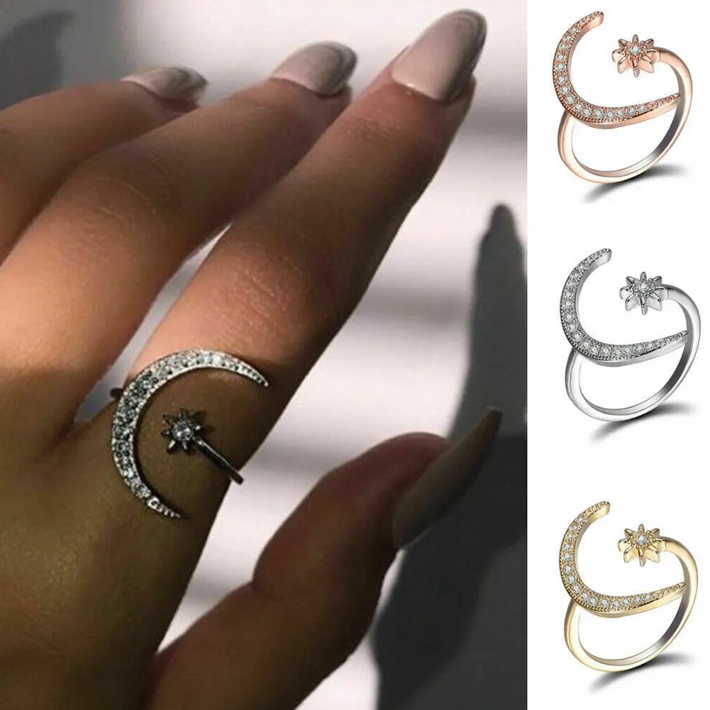 

Trendy Women Crescent Moon and Tiny Star Ring Gift for Women and Girls Cute Adjustable Rings