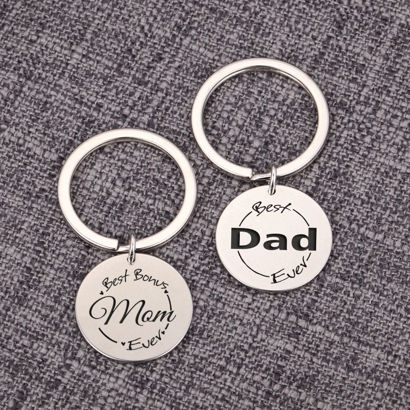 

Best Bonus Mom Dad Ever Keyrings 1 Pair Keychain Parents Jewelry Key Set Bag Charms Stainless Steel Family Love Gift Car Key Tag