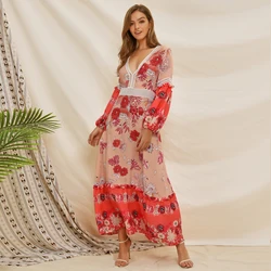 CUERLY Women Long Sleeve Maxi Dresses Boho Ethnic Pink Loose Print Floral Female Frill Hem Pleated Plus Size Beach Long Dress CUERLY Women Long Sleeve Maxi Dresses Boho Ethnic Pink Loose Print Floral Female Frill Hem Pleated Plus Size Beach Long Dress