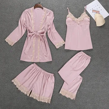 

2018 NEW Womens 4PC Strap Top Pants Suit Night Robe Sleepwear Sets Casual Pajamas Sexy Nightwear Kimono Bath Gown M L XL