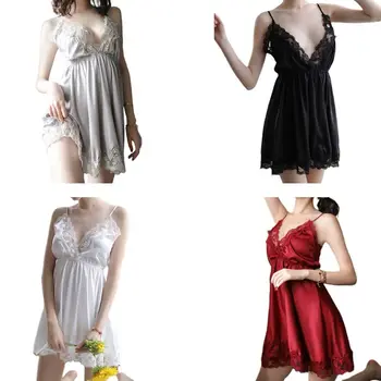 

Womens Erotic Embroidery Lace Splicing Mini Lingerie Dress Wrap Deep V-Neck High Waist Nightgown Solid Color Backless Sleepwear
