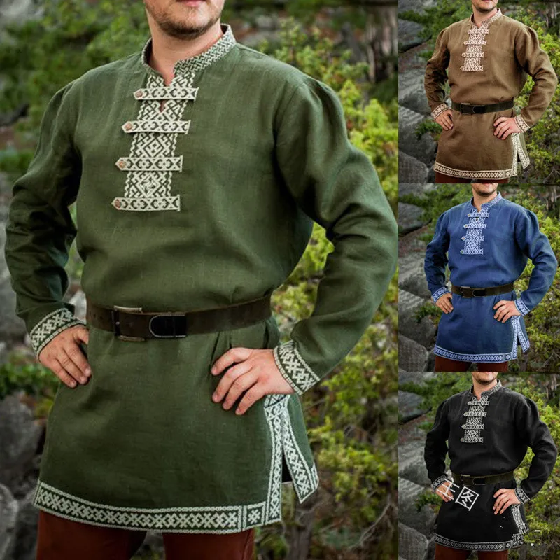 Средневековые Viking топы мужская рубашка туника длинный рукав халат взрослый