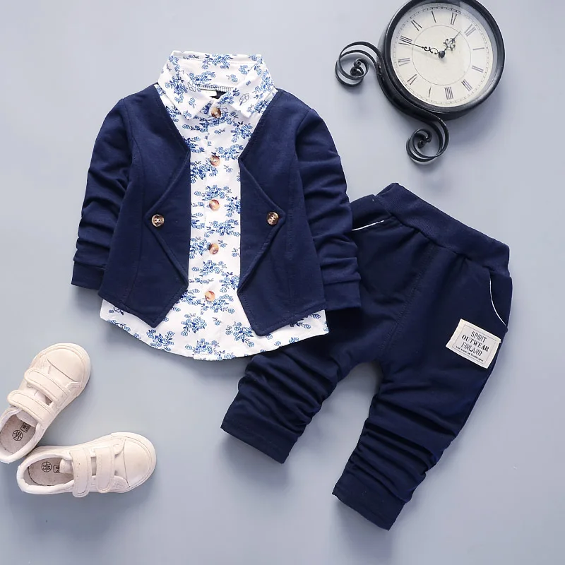Комплект одежды для маленьких мальчиков Модная одежда для девочек Детский костюм для малышей Детский костюм в полоску с длинными рукавами и принтом - Цвет: blue