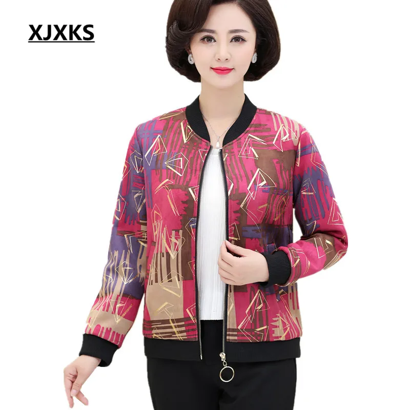 

XJXKS Women zipper coat 2018 autumn and winter new fashion print long-sleeved loose large size comfortable casual women jacket