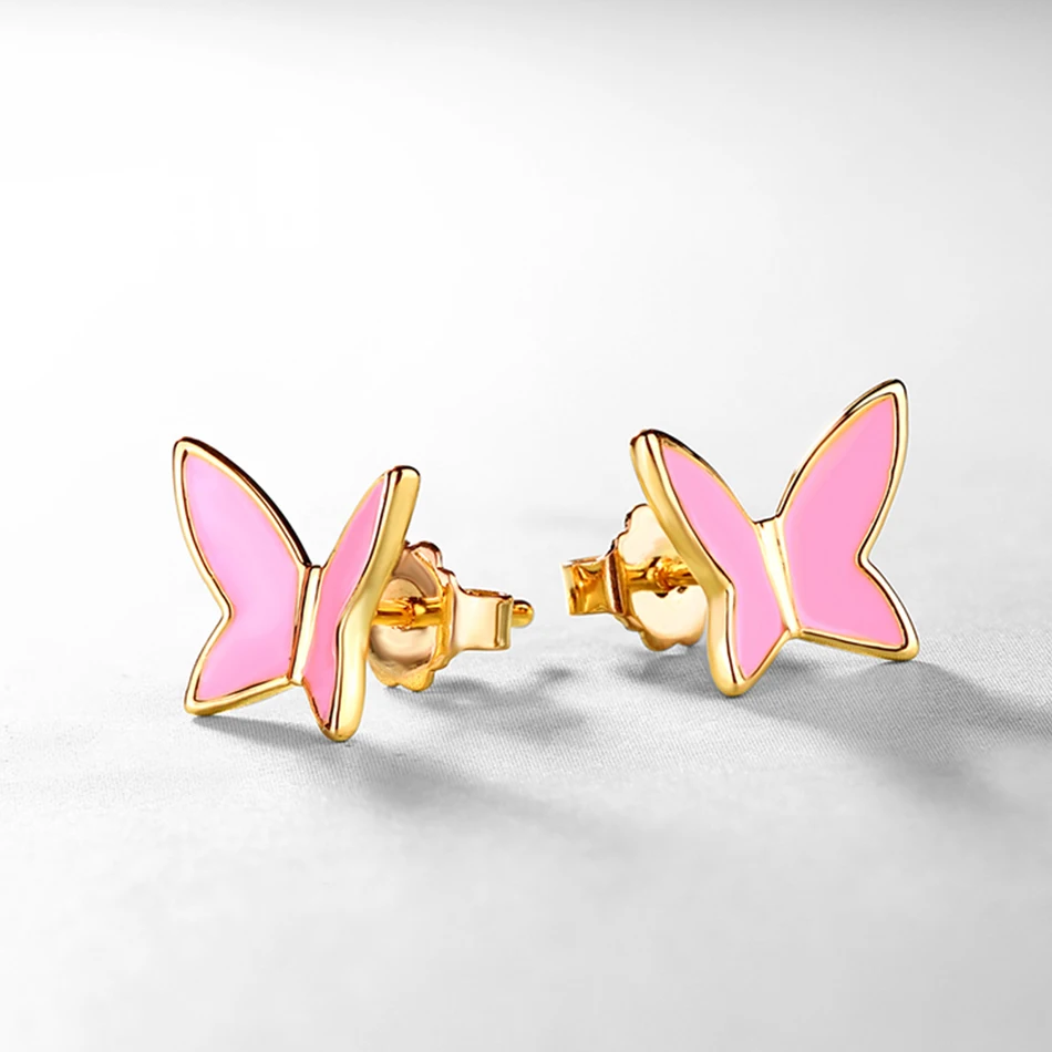 ALLNOEL Pink Enamel Stud Earrings For Women Butterfly Handmade Jewelry Gifts On March 8 Anniversary Engagement Statement Present (5)