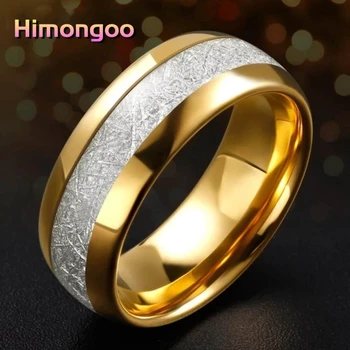 

HIMONGOO 8MM Gold Men's Tungsten Carbide Ring Wedding Band Middle 4MM Meteorite Grain Engagement Anniversary Gift