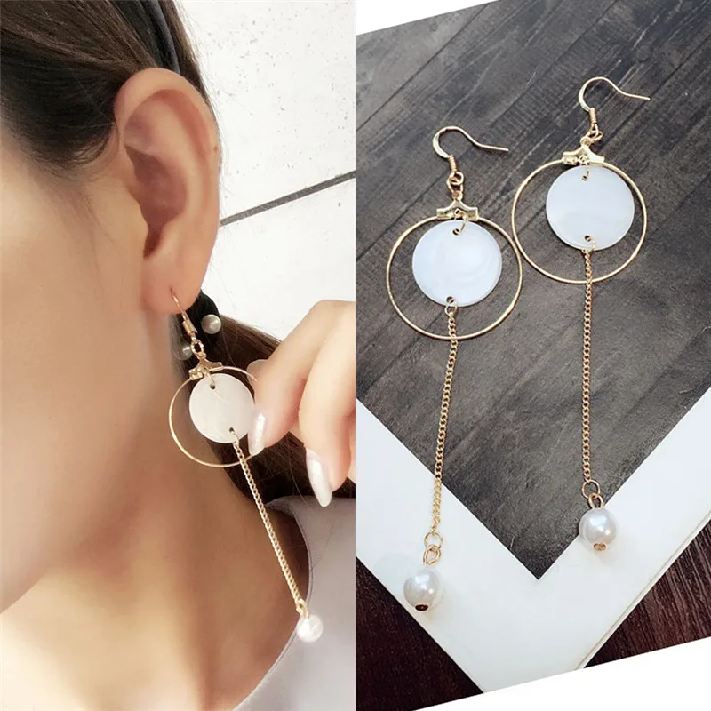 

2019 Women's Hot Fashion Long Statement Metal Chain Tassel Earrings Circle Shell Simulated Pearl Drop Earrings For Women Jewelry