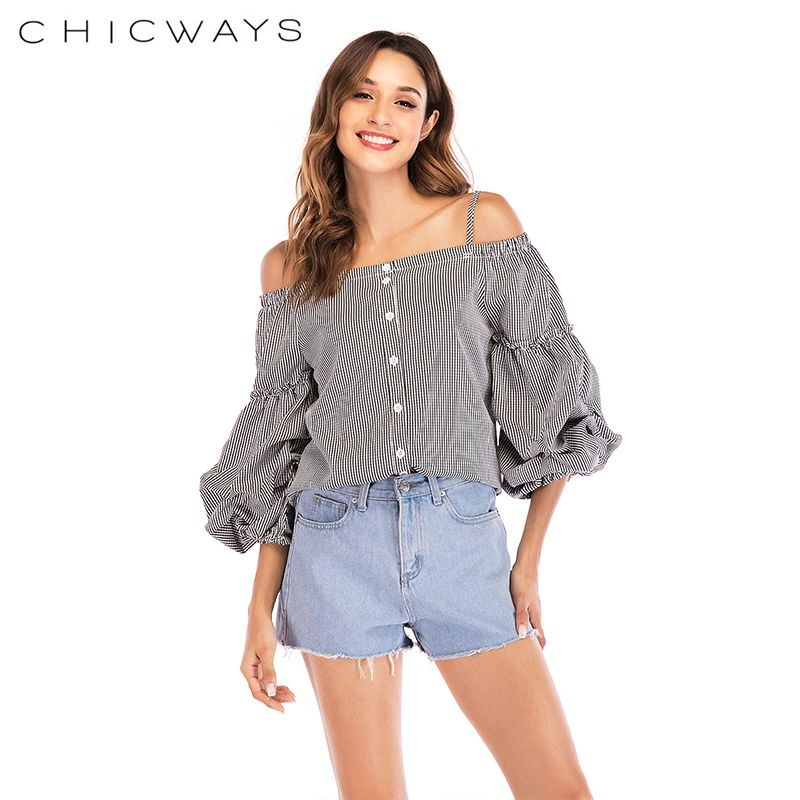 Chicways поплин блузка с длинным рукавом на пуговицах Gingham Top женские блузки 2018 осень