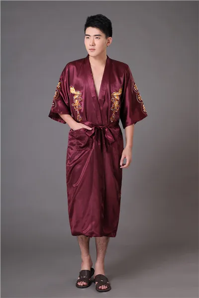 Черное китайское мужское вышитое платье с драконами ночная рубашка горячая Распродажа атласное ночное белье кимоно банное платье размер S M L XL XXL XXXL MR011 - Цвет: Burgundy