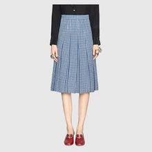 Весна осень подиумная брендовая дизайнерская синяя белая клетчатая плиссированная твидовая юбка женская винтажная шерстяная юбка y304