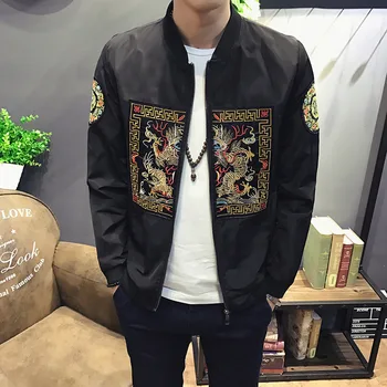 

Bomber Jacket Men Fashion dragon Chinese style Jackets Men Slim stand colar Casual Mens Coats Windbreaker 5XL hiphop jacket