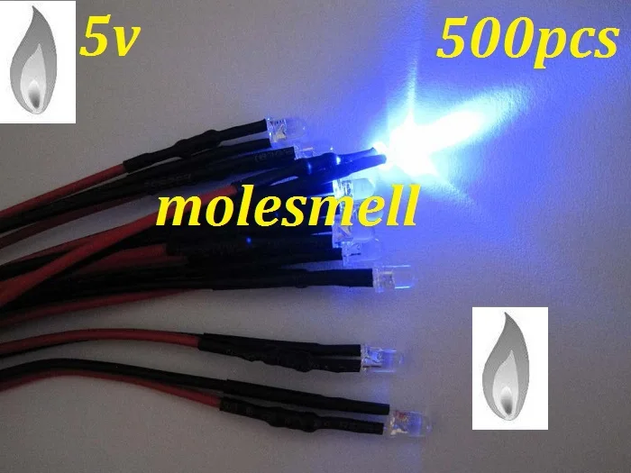 

Free shipping 500pcs 3mm Blue Flicker 5V Pre-Wired Water Clear LED Leds Candle Light 20CM