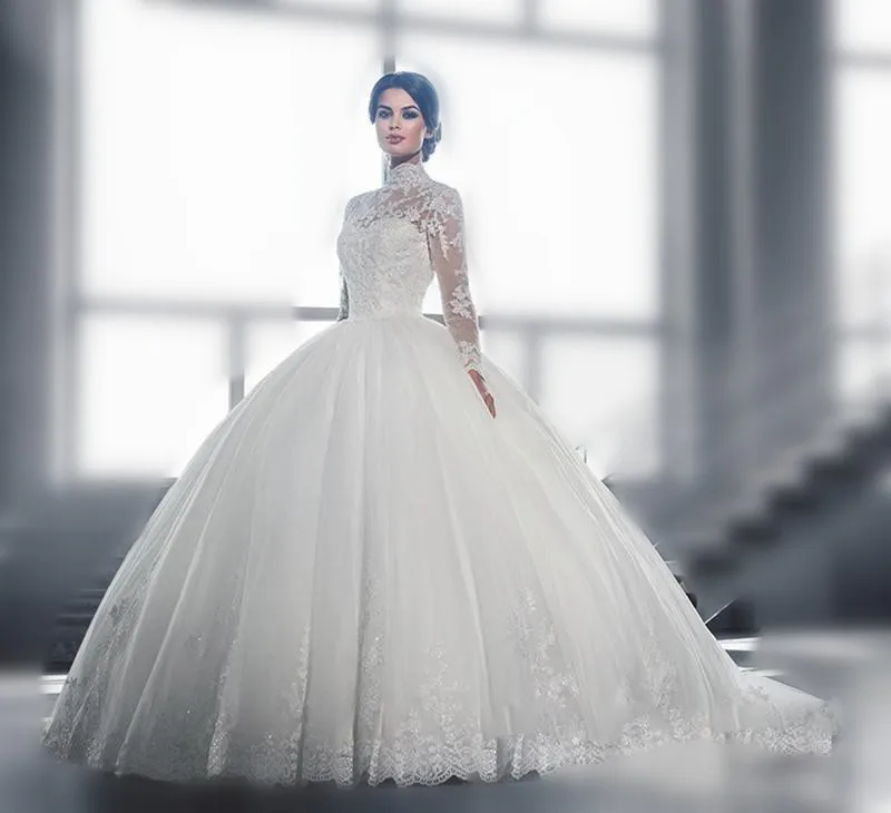 

Vintage High Neck Long Lace Sleeves Wedding Dresses Bridal Gowns Ball Gown Tulle Hollow Back Applique Court Train Saudi Arabic C